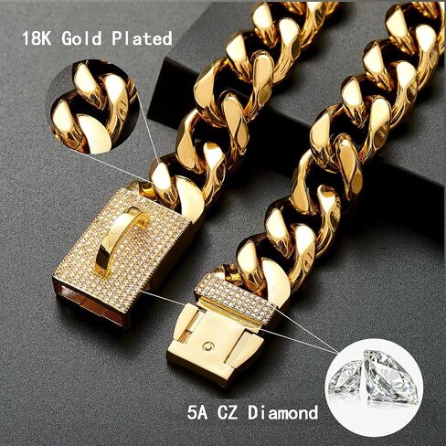 New Gold Dog Chain Collar with Bling Zircon Buckle,19MM Strong Stainless Steel Cuban Link Chain Collar,Dog Necklace Collar for Small Medium,Large Dogs in Kuwait