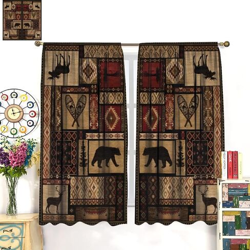 Rustic Moose Deer Curtain, Retro Rustic Bear Country Style Rustic Cabin Windows Curtain for Kitchen Bedroom Living Room 42x45inch in Saudi Arabia