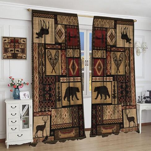 Rustic Moose Deer Curtain, Retro Rustic Bear Country Style Rustic Cabin Windows Curtain for Kitchen Bedroom Living Room 42x45inch in Saudi Arabia