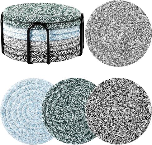 قواعد أكواب ME.FAN [8 قطع] قواعد أكواب قطنية مع حامل - قواعد أكواب للشرب مقاس 4.3 بوصة - حصيرة أكواب للمشروبات - مناسبة للمشروبات الساخنة أو الباردة السميكة، ديكور المنزل، حماية سطح الطاولة - مزيج 1 in Kuwait