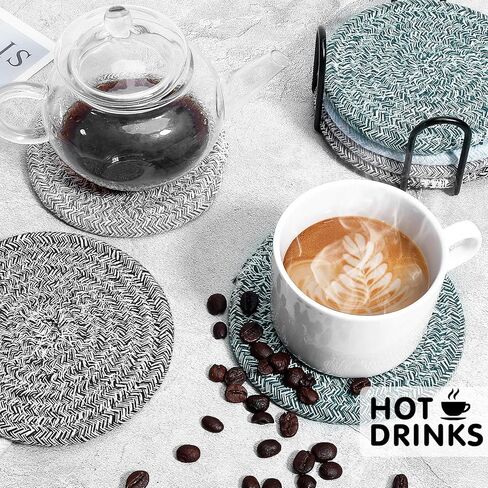 قواعد أكواب ME.FAN [8 قطع] قواعد أكواب قطنية مع حامل - قواعد أكواب للشرب مقاس 4.3 بوصة - حصيرة أكواب للمشروبات - مناسبة للمشروبات الساخنة أو الباردة السميكة، ديكور المنزل، حماية سطح الطاولة - مزيج 1 in Kuwait