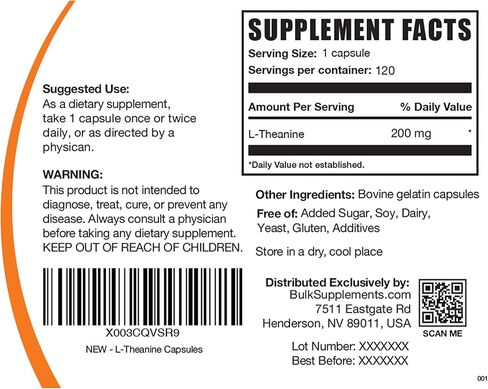 BulkSupplements.com L-Theanine Capsules - L-Theanine Supplement, L-Theanine 200mg, Theanine Pills - Amino Amino Supplement, Gluten Free - 1 Theanine Capsule per Serving, 120 Capsules in Saudi Arabia