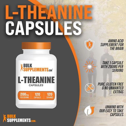 BulkSupplements.com L-Theanine Capsules - L-Theanine Supplement, L-Theanine 200mg, Theanine Pills - Amino Amino Supplement, Gluten Free - 1 Theanine Capsule per Serving, 120 Capsules in Saudi Arabia