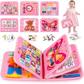 Splaks Toddler Busy Board with DIY Page, 20 in 1 Montessori Toys Sensory Activity Toys Preschool Educational Toys, for Airplane Car Travel (Pink) in Kuwait