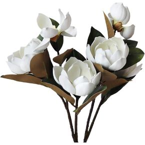LIUCOGXI Vintage Artificial Magnolia Flower White 6 Heads,Long Stem Magnolia Bouquet with Green Leaves Arrangement for Home Office Living Room Bedroom Floor Vase Decoration