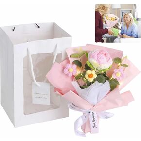 dimegon باقة زهور الكروشيه، باقة زهور الكروشيه الحياكة، زهور صناعية مصنوعة يدويًا من الكروشيه مع وردة وردية وبيضاء واحدة وثلاثة زهور منتفخة، هدية ديكور منزلي صناعي in Kuwait