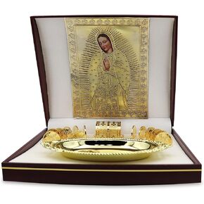 NHE 24K Gold Plated Wedding Unity Coins with Decorative Display Case, Treasure Box, and Silver Platter, Classic Arras Ceremony Souvenirs, Beautiful Confirmation Gift Set (Virgen) in Saudi Arabia