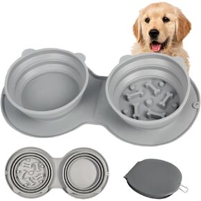 Collapsible Dog Bowls, 2 Pack Portable Silicone Twins Dog Bowl for Slow Feeding, Foldable Adjustable Pet Food and Water Feeder Bowl Non Spill for Walking, Hiking, Camping (Grey) in Saudi Arabia