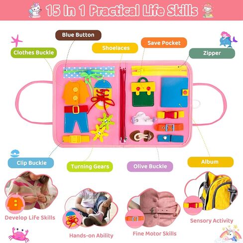 Splaks Toddler Busy Board with DIY Page, 20 in 1 Montessori Toys Sensory Activity Toys Preschool Educational Toys, for Airplane Car Travel (Pink) in Kuwait