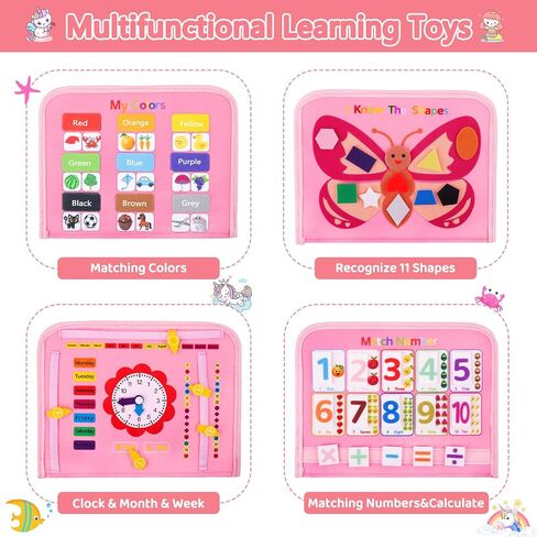 Splaks Toddler Busy Board with DIY Page, 20 in 1 Montessori Toys Sensory Activity Toys Preschool Educational Toys, for Airplane Car Travel (Pink) in Kuwait