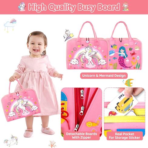 Splaks Toddler Busy Board with DIY Page, 20 in 1 Montessori Toys Sensory Activity Toys Preschool Educational Toys, for Airplane Car Travel (Pink) in Kuwait