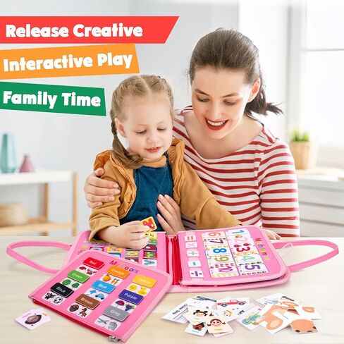 Splaks Toddler Busy Board with DIY Page, 20 in 1 Montessori Toys Sensory Activity Toys Preschool Educational Toys, for Airplane Car Travel (Pink) in Kuwait
