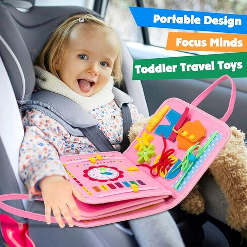 Splaks Toddler Busy Board with DIY Page, 20 in 1 Montessori Toys Sensory Activity Toys Preschool Educational Toys, for Airplane Car Travel (Pink) in Kuwait