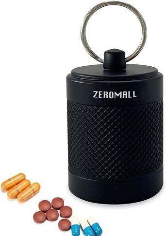 منظم حبوب الدواء المحمول، حاوية صغيرة لحمل حبوب الدواء من سبائك الألومنيوم، مستودع حبوب دواء مقاوم للماء مع سلسلة مفاتيح للرياضات الخارجية، والتخييم، والمشي لمسافات طويلة والسفر، 1.6 * 1.6 * 2 بوصة (قطعة واحدة، أسود) in Kuwait