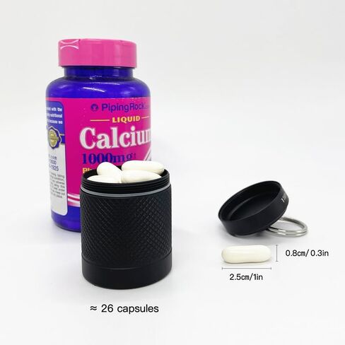 منظم حبوب الدواء المحمول، حاوية صغيرة لحمل حبوب الدواء من سبائك الألومنيوم، مستودع حبوب دواء مقاوم للماء مع سلسلة مفاتيح للرياضات الخارجية، والتخييم، والمشي لمسافات طويلة والسفر، 1.6 * 1.6 * 2 بوصة (قطعة واحدة، أسود) in Kuwait