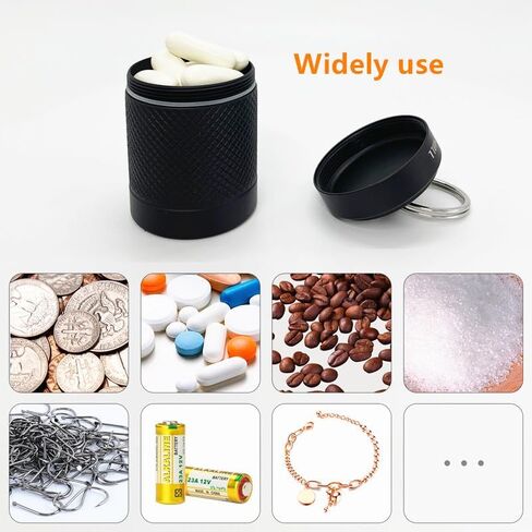 منظم حبوب الدواء المحمول، حاوية صغيرة لحمل حبوب الدواء من سبائك الألومنيوم، مستودع حبوب دواء مقاوم للماء مع سلسلة مفاتيح للرياضات الخارجية، والتخييم، والمشي لمسافات طويلة والسفر، 1.6 * 1.6 * 2 بوصة (قطعة واحدة، أسود) in Kuwait