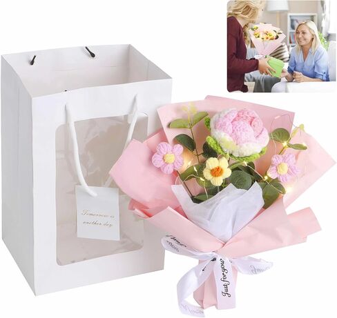 dimegon باقة زهور الكروشيه، باقة زهور الكروشيه الحياكة، زهور صناعية مصنوعة يدويًا من الكروشيه مع وردة وردية وبيضاء واحدة وثلاثة زهور منتفخة، هدية ديكور منزلي صناعي in Kuwait