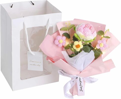 dimegon باقة زهور الكروشيه، باقة زهور الكروشيه الحياكة، زهور صناعية مصنوعة يدويًا من الكروشيه مع وردة وردية وبيضاء واحدة وثلاثة زهور منتفخة، هدية ديكور منزلي صناعي in Kuwait