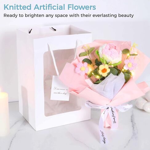 dimegon باقة زهور الكروشيه، باقة زهور الكروشيه الحياكة، زهور صناعية مصنوعة يدويًا من الكروشيه مع وردة وردية وبيضاء واحدة وثلاثة زهور منتفخة، هدية ديكور منزلي صناعي in Kuwait