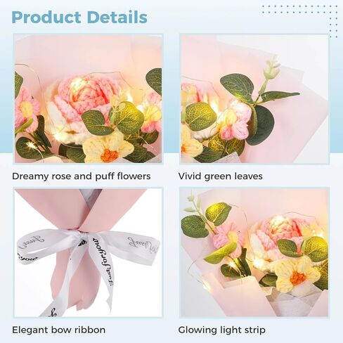 dimegon باقة زهور الكروشيه، باقة زهور الكروشيه الحياكة، زهور صناعية مصنوعة يدويًا من الكروشيه مع وردة وردية وبيضاء واحدة وثلاثة زهور منتفخة، هدية ديكور منزلي صناعي in Kuwait