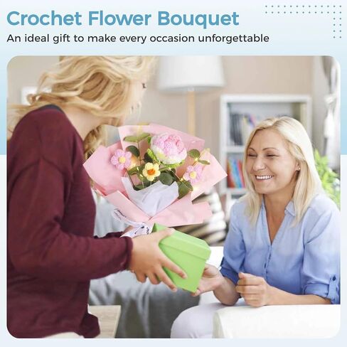 dimegon باقة زهور الكروشيه، باقة زهور الكروشيه الحياكة، زهور صناعية مصنوعة يدويًا من الكروشيه مع وردة وردية وبيضاء واحدة وثلاثة زهور منتفخة، هدية ديكور منزلي صناعي in Kuwait