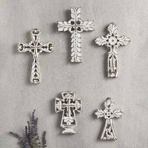 47th & Main Whitewashed Carved Wood Cross Wall Décor, 5.25" W x 8" H, Flower in Saudi Arabia