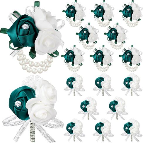16 Pcs Rose Wrist Corsage and Boutonniere Set Flower Wristlet Corsages Band Bracelet and Bridegroom Men's Boutonniere for Wedding Prom Party Bouquets Accessories Decor (White) in Saudi Arabia