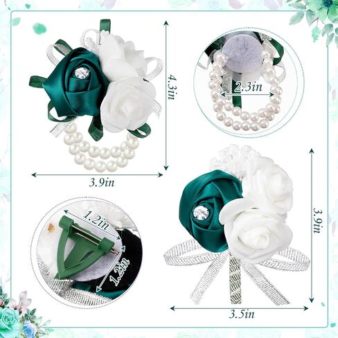 16 Pcs Rose Wrist Corsage and Boutonniere Set Flower Wristlet Corsages Band Bracelet and Bridegroom Men's Boutonniere for Wedding Prom Party Bouquets Accessories Decor (White) in Saudi Arabia