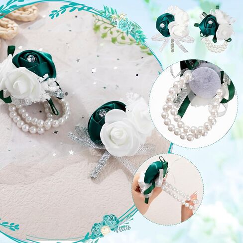 16 Pcs Rose Wrist Corsage and Boutonniere Set Flower Wristlet Corsages Band Bracelet and Bridegroom Men's Boutonniere for Wedding Prom Party Bouquets Accessories Decor (White) in Saudi Arabia