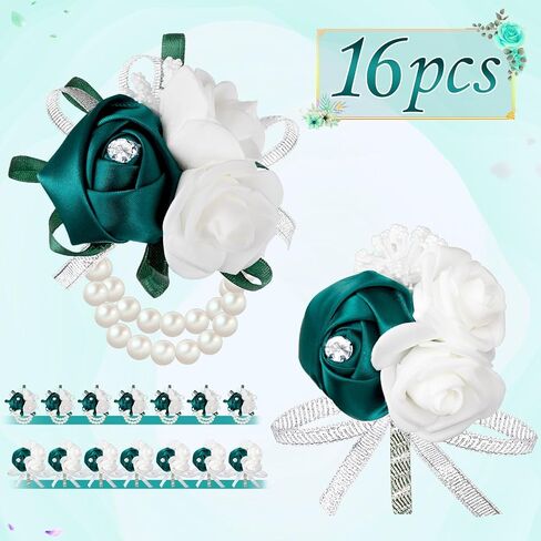 16 Pcs Rose Wrist Corsage and Boutonniere Set Flower Wristlet Corsages Band Bracelet and Bridegroom Men's Boutonniere for Wedding Prom Party Bouquets Accessories Decor (White) in Saudi Arabia