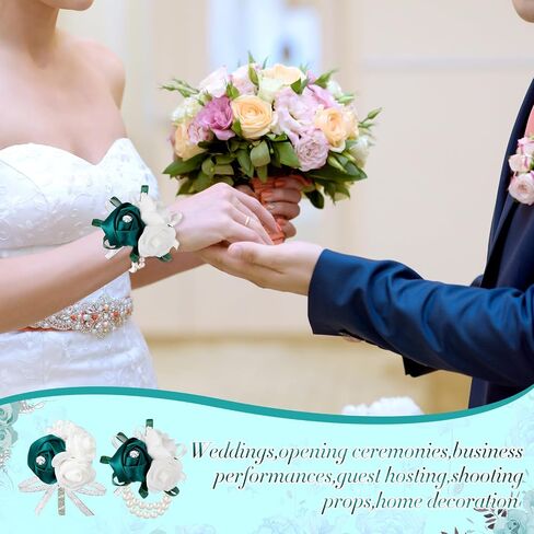 16 Pcs Rose Wrist Corsage and Boutonniere Set Flower Wristlet Corsages Band Bracelet and Bridegroom Men's Boutonniere for Wedding Prom Party Bouquets Accessories Decor (White) in Saudi Arabia
