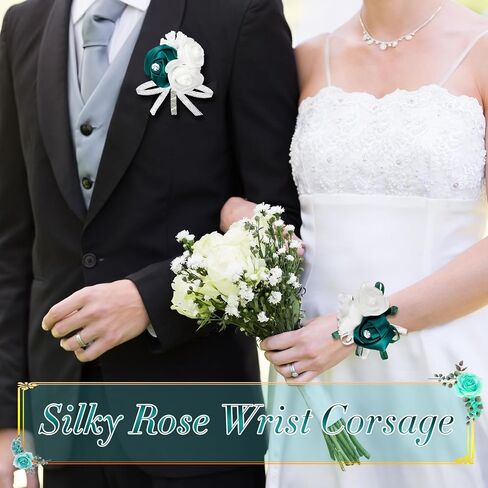 16 Pcs Rose Wrist Corsage and Boutonniere Set Flower Wristlet Corsages Band Bracelet and Bridegroom Men's Boutonniere for Wedding Prom Party Bouquets Accessories Decor (White) in Saudi Arabia