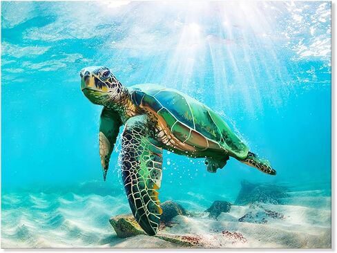 JAPO ART Green Sea Turtle Wall Decor Tropical Canvas Wall Art Prints Hawaii Turtle Picture Gift Florida Sea Life Teal Watercolor Ocean Animal Painting Small Framed Pictures for Bathroom Living Room in Kuwait