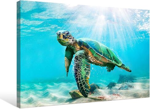 JAPO ART Green Sea Turtle Wall Decor Tropical Canvas Wall Art Prints Hawaii Turtle Picture Gift Florida Sea Life Teal Watercolor Ocean Animal Painting Small Framed Pictures for Bathroom Living Room in Kuwait