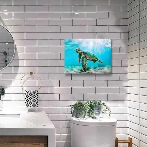 JAPO ART Green Sea Turtle Wall Decor Tropical Canvas Wall Art Prints Hawaii Turtle Picture Gift Florida Sea Life Teal Watercolor Ocean Animal Painting Small Framed Pictures for Bathroom Living Room in Kuwait