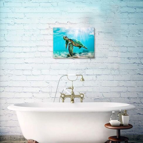 JAPO ART Green Sea Turtle Wall Decor Tropical Canvas Wall Art Prints Hawaii Turtle Picture Gift Florida Sea Life Teal Watercolor Ocean Animal Painting Small Framed Pictures for Bathroom Living Room in Kuwait