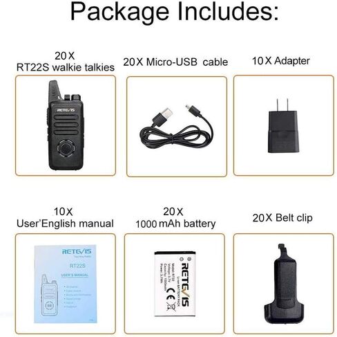 Retevis RT22S 2 Way Radios, Portable and Mini Walkie Talkies for Adults, Channel Display, Hands Free Two Way Radios Rechargeable for Daycare Business Warehouse Retail Church(20 Pack) in Saudi Arabia