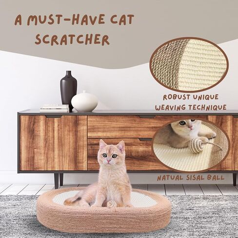 Moyeelan السيزال خدش القط مع الكرة المتدلية، 3 في 1 وسادة سرير خدش البيضاوي للقطط للقطط في الأماكن المغلقة، صالة خدش كبيرة ودائمة للقطط، سرير صالة مضاد للانزلاق ومتين للخدش للقطط in Kuwait