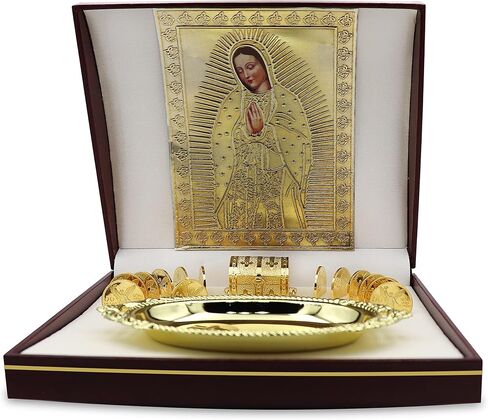 NHE 24K Gold Plated Wedding Unity Coins with Decorative Display Case, Treasure Box, and Silver Platter, Classic Arras Ceremony Souvenirs, Beautiful Confirmation Gift Set (Virgen) in Saudi Arabia