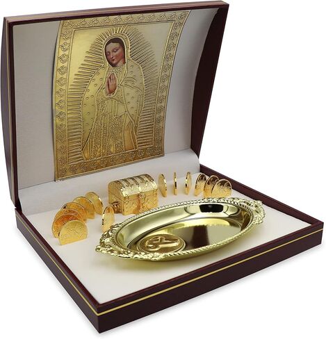 NHE 24K Gold Plated Wedding Unity Coins with Decorative Display Case, Treasure Box, and Silver Platter, Classic Arras Ceremony Souvenirs, Beautiful Confirmation Gift Set (Virgen) in Saudi Arabia