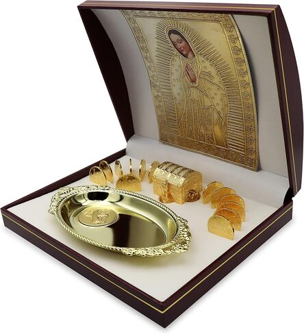 NHE 24K Gold Plated Wedding Unity Coins with Decorative Display Case, Treasure Box, and Silver Platter, Classic Arras Ceremony Souvenirs, Beautiful Confirmation Gift Set (Virgen) in Saudi Arabia