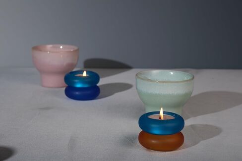 Handmade Decorative Pebble Tealight Candle Holders Set of 2 - Handcrafted Home Decor Accent for Calming Earthy Aesthetic Black Blue Matte Finish Resin Diameter 2.6 inches in Kuwait