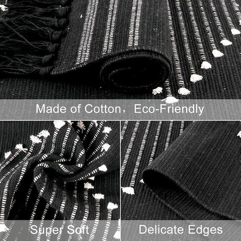 Boho Kitchen Rugs,2'x4.3' Washable Black Bathroom Rug Runner, Cotton Woven Tassels Diamond Soft Indoor Mat Hallways Carpet for Laundry Entryway in Kuwait