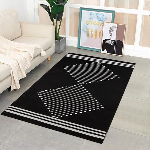 Boho Kitchen Rugs,2'x4.3' Washable Black Bathroom Rug Runner, Cotton Woven Tassels Diamond Soft Indoor Mat Hallways Carpet for Laundry Entryway in Kuwait