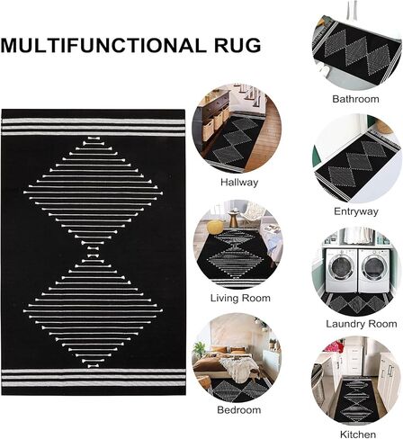 Boho Kitchen Rugs,2'x4.3' Washable Black Bathroom Rug Runner, Cotton Woven Tassels Diamond Soft Indoor Mat Hallways Carpet for Laundry Entryway in Kuwait