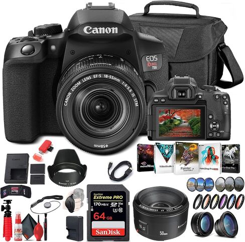 Canon EOS Rebel T8i DSLR Camera with 18-55mm Lens (3924C002) + Canon EF 50mm Lens + 64GB Memory Card + Color Filter Kit + Case + Filter Kit + Corel Photo Software + LPE17 Battery + More (Renewed) in Saudi Arabia