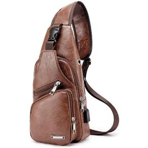 حقيبة JUMO CYLY الجلدية للرجال والنساء، حقيبة صدر ناعمة، حقيبة كتف مقاومة للماء، حقيبة ظهر صغيرة خفيفة الوزن مع منفذ شحن USB. (أسود صغير 2) in Kuwait