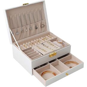 صندوق مجوهرات بقفل كبير بطبقة مزدوجة من Addong مصنوع من جلد البولي يوريثان، صندوق تزيين شبكي، صندوق تخزين المجوهرات، رف تخزين قلادة وحلقة الأذن (أبيض) in Kuwait