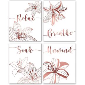 Unframed Relax Soak Unwind Breathe Bathroom Wall Decor - 8x10 inch Abstract Flowers Rose Gold Foil Print Bathroom Decor Wall Art, Set of 4 Flowers Wall Decor Art Prints for Bathroom Washroom Room Home in Kuwait
