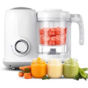 صانع طعام الأطفال من AMZBABYCHEF، محضر طعام الأطفال 4 في 1 وجهاز طهي بالبخار، خلاط هريس، صانع هريس الأطفال متعدد الوظائف، آمن للاستخدام في غسالة الأطباق، أبيض